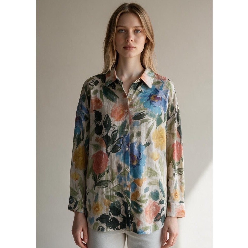 Soft Surroundings XL Floral Watercolor Button Down Shirt Lyocell Blend 2HF70
